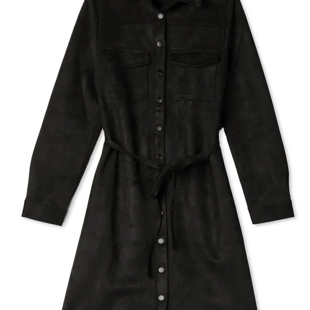 NWOT Lesley Evers Black Suede Shirtdress - Picture 2 of 9